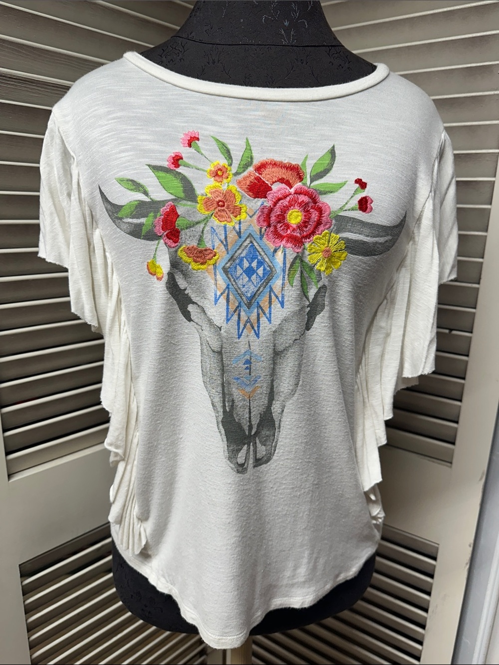 Miss Me Ivory Short Sleeve Tee with Floral Bull Skull Print